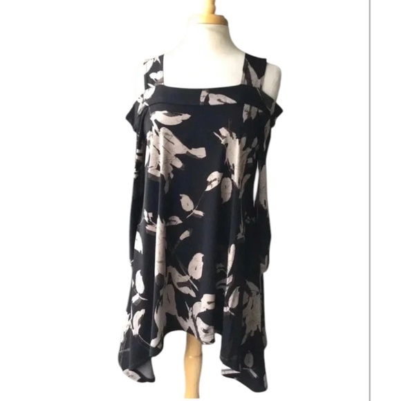 Clara Sun Woo open shoulder tunic black floral asymmetrical hem Size M - Picture 1 of 9